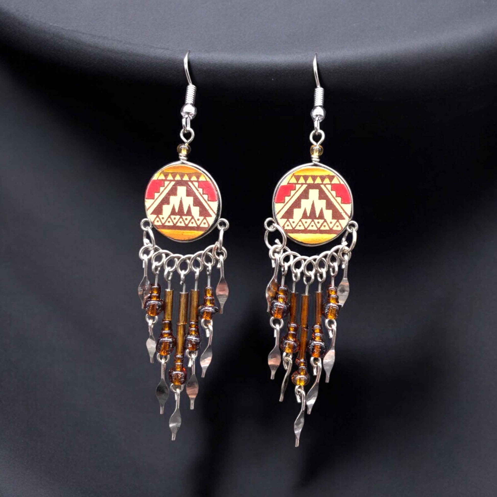 Red and Orange Southwestern Round Shaped Dangle Earrings