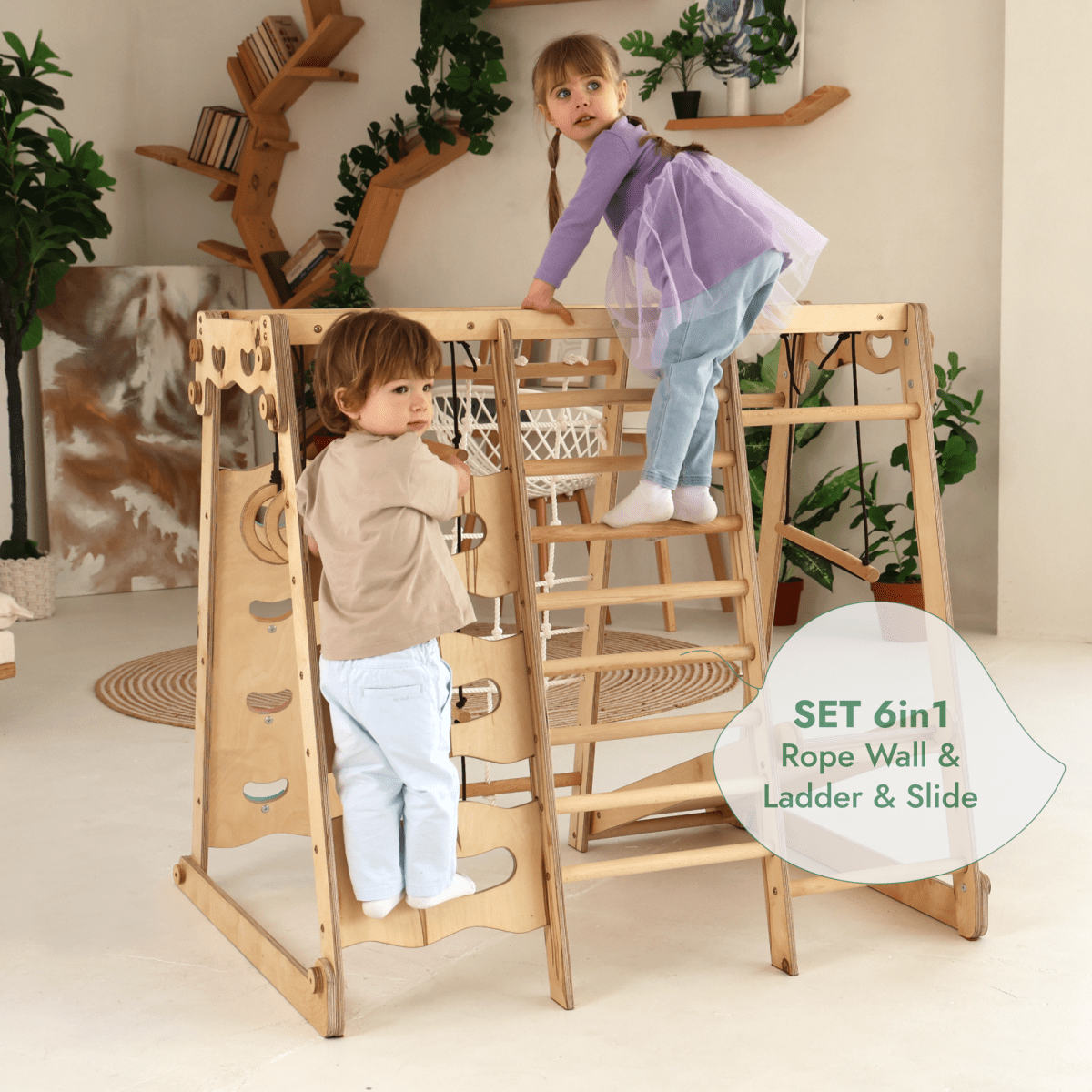 6in1 Indoor Jungle Gym for Toddler: Playground + Swings Set + Slide Board + Rope + Stairs