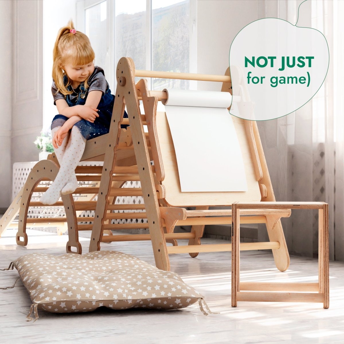 6in1 Montessori Climbing Frame Set: Triangle Ladder + Arch/Rocker + Slide/Ramp + Net + Cushion + Art Addition