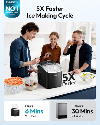 EUHOMY Countertop Ice Maker Machine with Handle, 26lbs in 24Hrs, 9 Ice Cubes Ready in 6 Mins, Auto-Cleaning Portable Ice Maker with Basket and Scoop, for Home/Kitchen/Camping/RV. (Black) 🍁 All In One Marketplace Canada