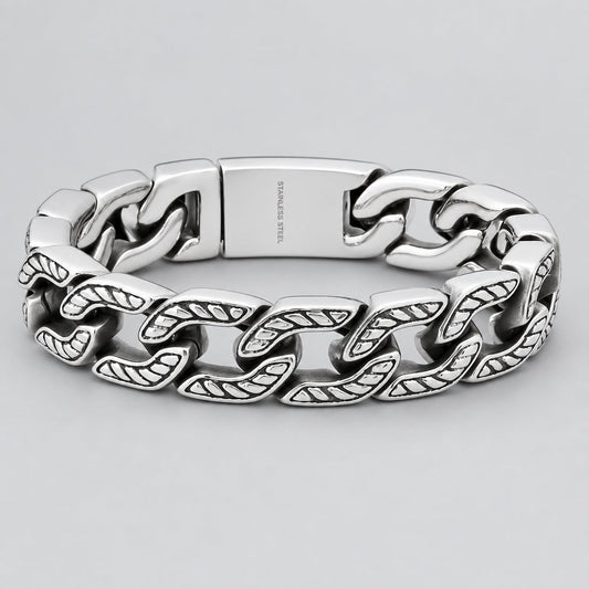 Men’s Heavy Stainless Steel Cuban Link Bracelet. Oxidized Chevron Accent Biker Chain