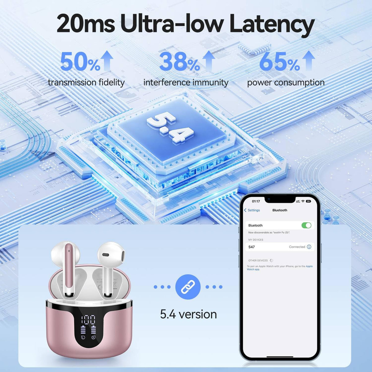 Wireless Earbuds, Bluetooth 5.4 in-Ear Headphones Wireless Bluetooth with ENC 4 Mics, Bluetooth Earbuds 50 Hour Noise-Cancelling Ear Buds with LED Indicator, IPX7 Waterproof for Sports/Work Rosa Gold 🍁 All In One Marketplace Canada