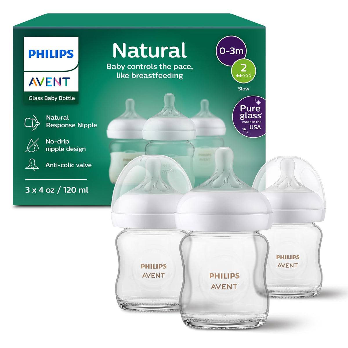 Philips Avent Natural Glass Baby Bottles with Natural Response Nipples (Slow Flow, Flow 2), 4oz, 3-pack, SCY910/03 🍁 All In One Marketplace Canada