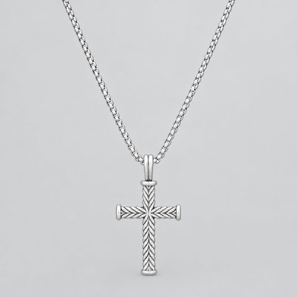 Men’s Stainless Steel Twist Design Cross Pendant. Textured Biker Wheat Chain Necklace