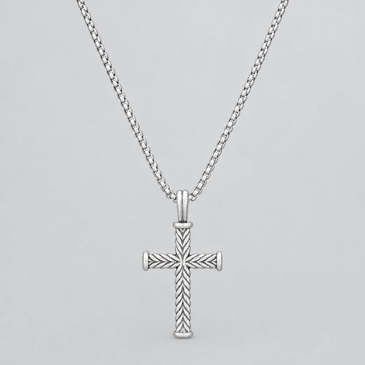 Men’s Stainless Steel Twist Design Cross Pendant. Textured Biker Wheat Chain Necklace