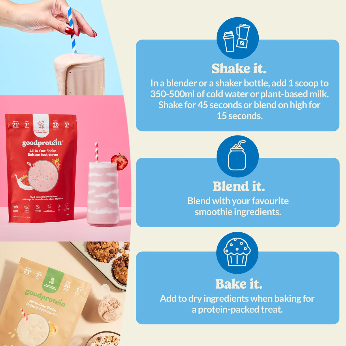 Good Protein Vegan Plant-based Protein Powder 100% Natural, Non-GMO, Dairy-free, Gluten-free, Soy-free, No Added Sugar and Nothing Artificial. Unflavoured All-in-One Shake 800 grams 🍁 All In One Marketplace Canada