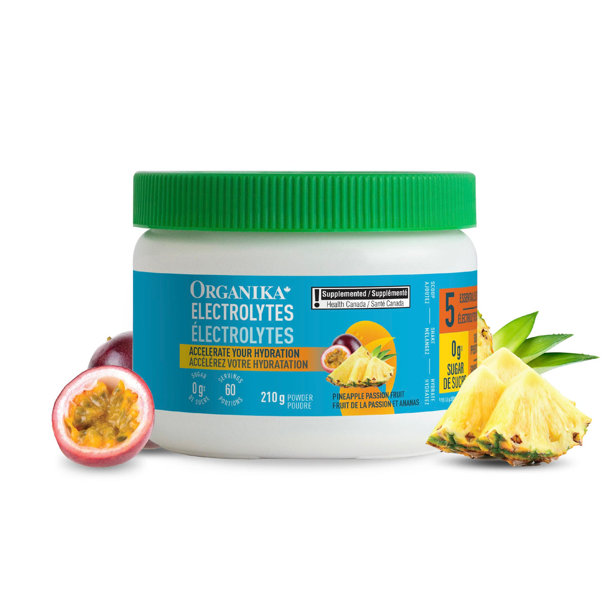 Organika Canadian-Made Electrolytes Powder with Vitamin C & Prebiotic Fibre - Sugar-Free Hydration Drink Mix - Pineapple PassionFruit - 210 g - 60 servings 🍁 All In One Marketplace Canada