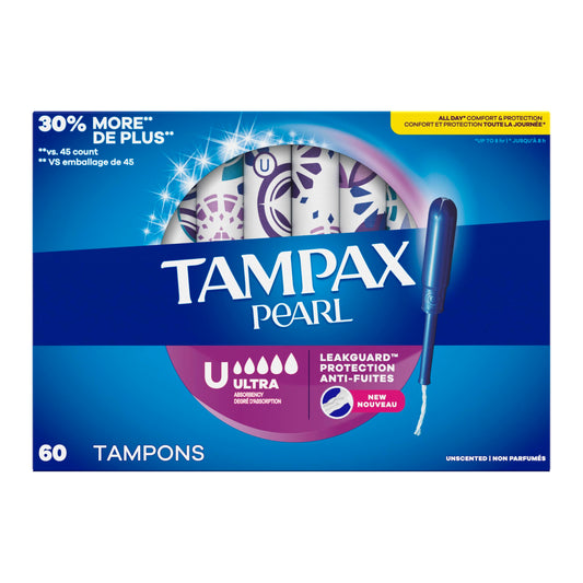 Tampax Pearl Tampons, with LeakGuard Braid, Ultra Absorbency, Unscented, 60 Count 🍁 All In One Marketplace Canada