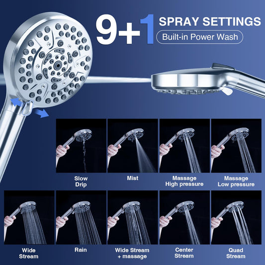 High Pressure 10-Mode Handheld Shower Head - Built in Power Wash for Clean, Replaceable Filter Soften Hard Water Remove Chlorine, 60 Inches Hose, Overhead Bracket, Anti-Clog Nozzle (Chrome) 🍁 All In One Marketplace Canada