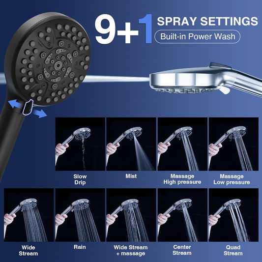 High Pressure 10-Mode Handheld Shower Head - Built in Power Wash for Clean, Replaceable Filter Soften Hard Water Remove Chlorine, 60 Inches Hose, Overhead Bracket, Anti-Clog Nozzle (Matte Black) 🍁 All In One Marketplace Canada