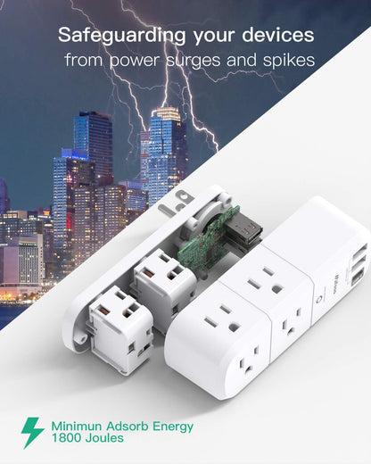 USB Outlet Extender Surge Protector - with Rotating Plug, 6 AC Multi Plug Outlet and 3 USB Ports (1 USB C), 3-Sided Swivel Power Strip with Spaced Outlet Splitter for Home, Office, Travel 🍁 All In One Marketplace Canada