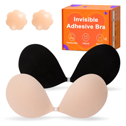GKHWON Adhesive Bra Strapless Backless Invisible Push Up Sticky Bra with Silicone Nipple Covers Reusable Beige+Black A 🍁 All In One Marketplace Canada