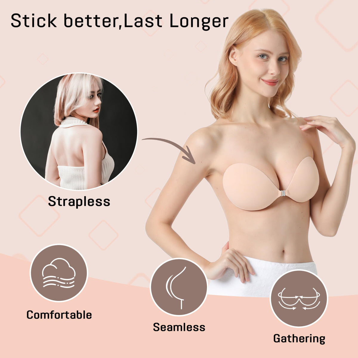 GKHWON Adhesive Bra Strapless Backless Invisible Push Up Sticky Bra with Silicone Nipple Covers Reusable Beige A 🍁 All In One Marketplace Canada