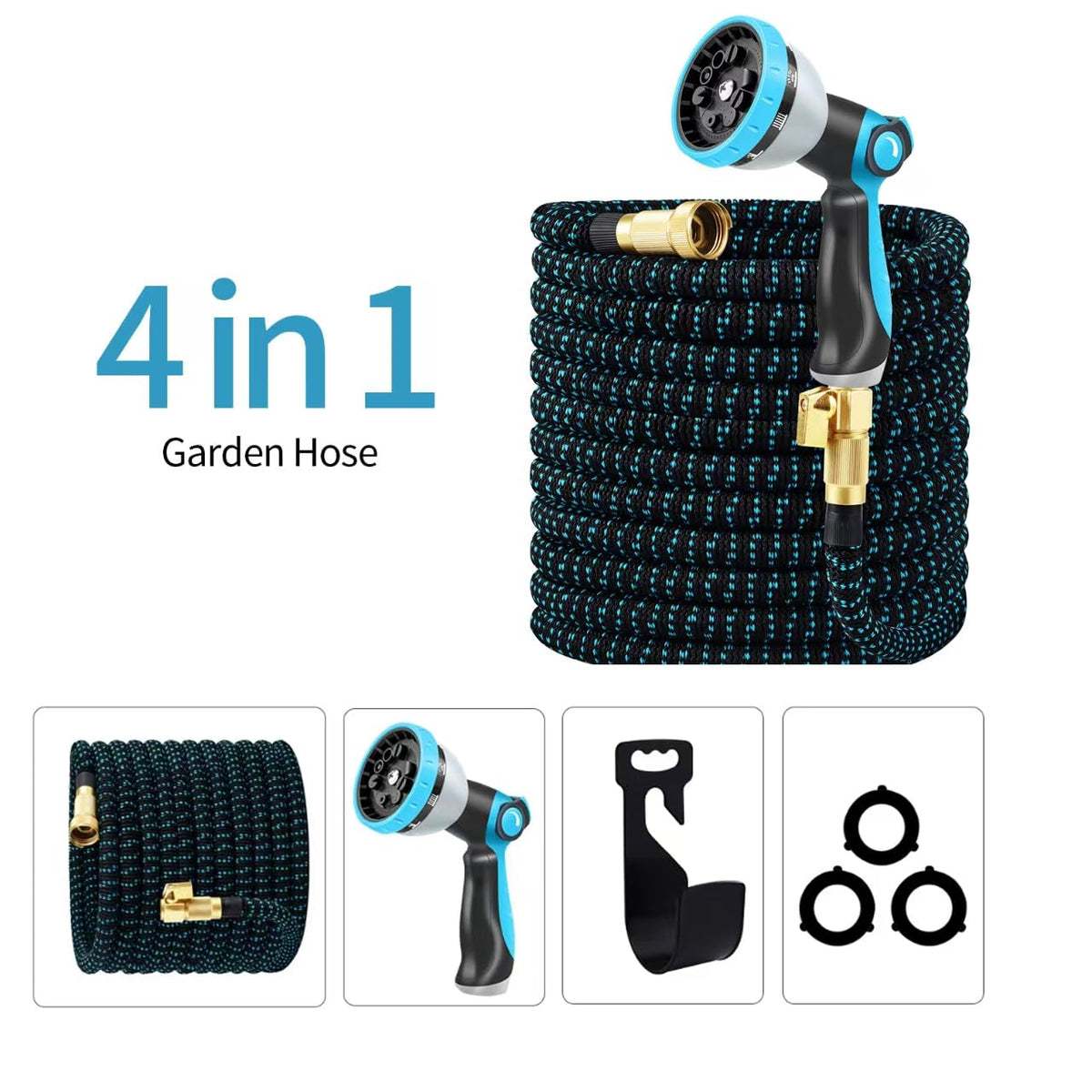 Expandable Garden Hose, Water Hose 100ft with 10 Function Nozzle, Flexible Hose with 3/4" Solid Brass Fittings, Extra Strength Fabric, Easy Storage Kink Free, Black & Blue 🍁 All In One Marketplace Canada