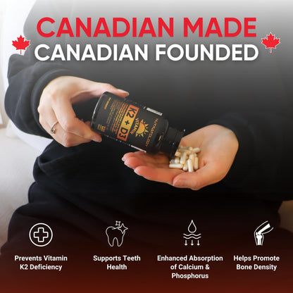 Nutratology® Vitamin K2 + D3 | Canadian-Made | Highest Potency 120MCG/1000 IU - 240 Capsules - Helps Maintain Bone & Teeth Health - Formulated With MK-7 For Best Results - Immune System Support. 🍁 All In One Marketplace Canada