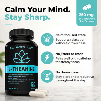 Nutratology® L-Theanine 250MG Capsules | Canadian-Made | For Stress Management | Promotes Relaxation & Calmness Without Drowsiness - L-Theanine Supplement for Stress Relief | 120 Capsules 🍁 All In One Marketplace Canada