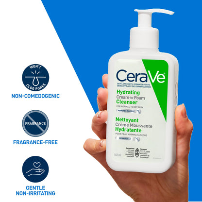 CeraVe Hydrating Cream-to-Foam Face Cleanser, One-Step Face Wash With Hyaluronic Acid & Amino Acid Complex, Gently Cleanses Skin, Non-Comedogenic, Fragrance-Free, Normal to dry skin, 562mL 🍁 All In One Marketplace Canada