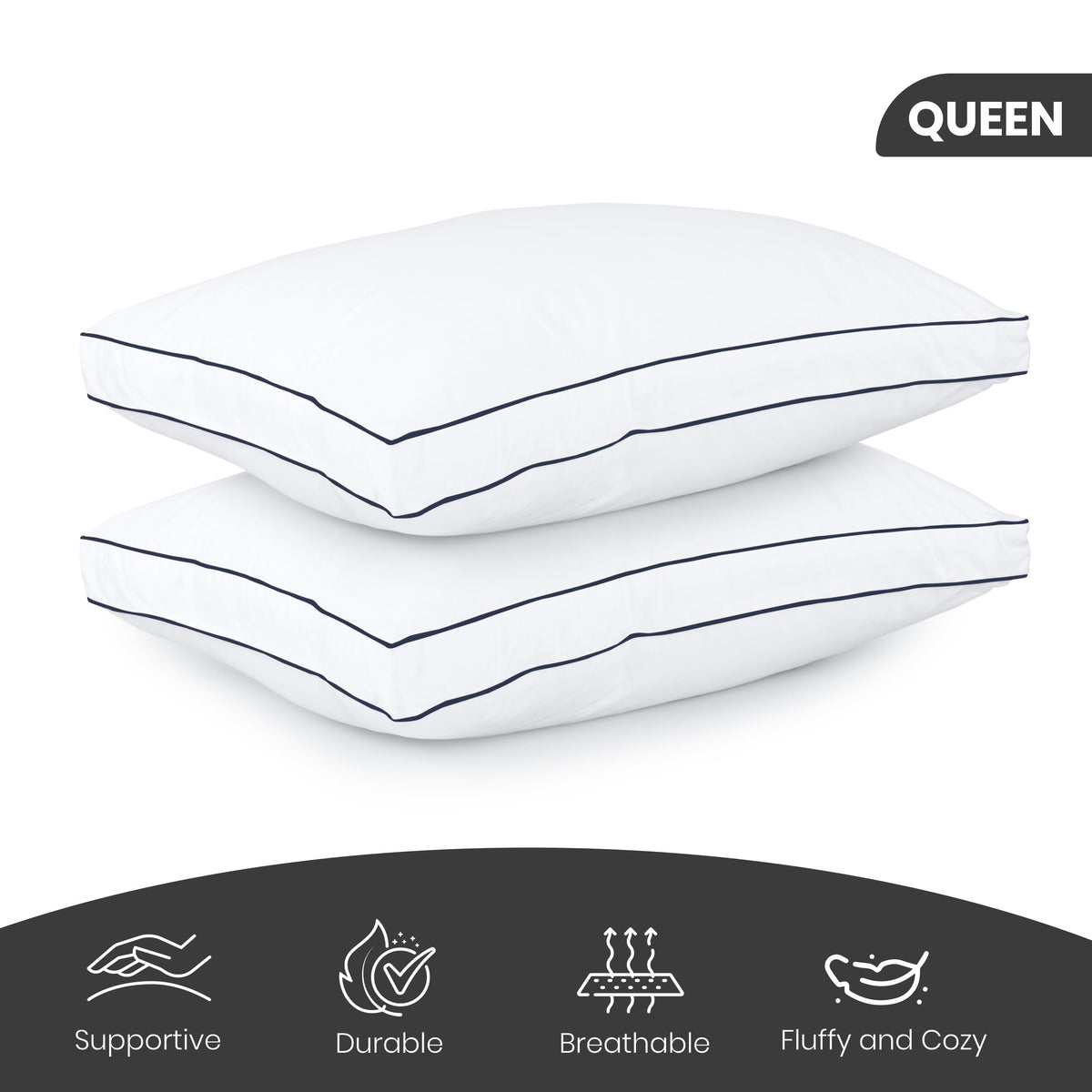 Utopia Bedding Bed Pillows for Sleeping Queen Size (Navy Hem), Set of 2, Cooling Hotel Quality, Gusseted Pillow for Back, Stomach or Side Sleepers 🍁 All In One Marketplace Canada