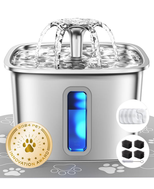 Veken Innovation Award Winner Stainless Steel Cat Water Fountain, 108oz/3.2L Pet Fountain with 4 Replacement Filters & 4 Pre-Filter Sponges & Silicone Mat, for Cats, Dogs (Silver) 🍁 All In One Marketplace Canada