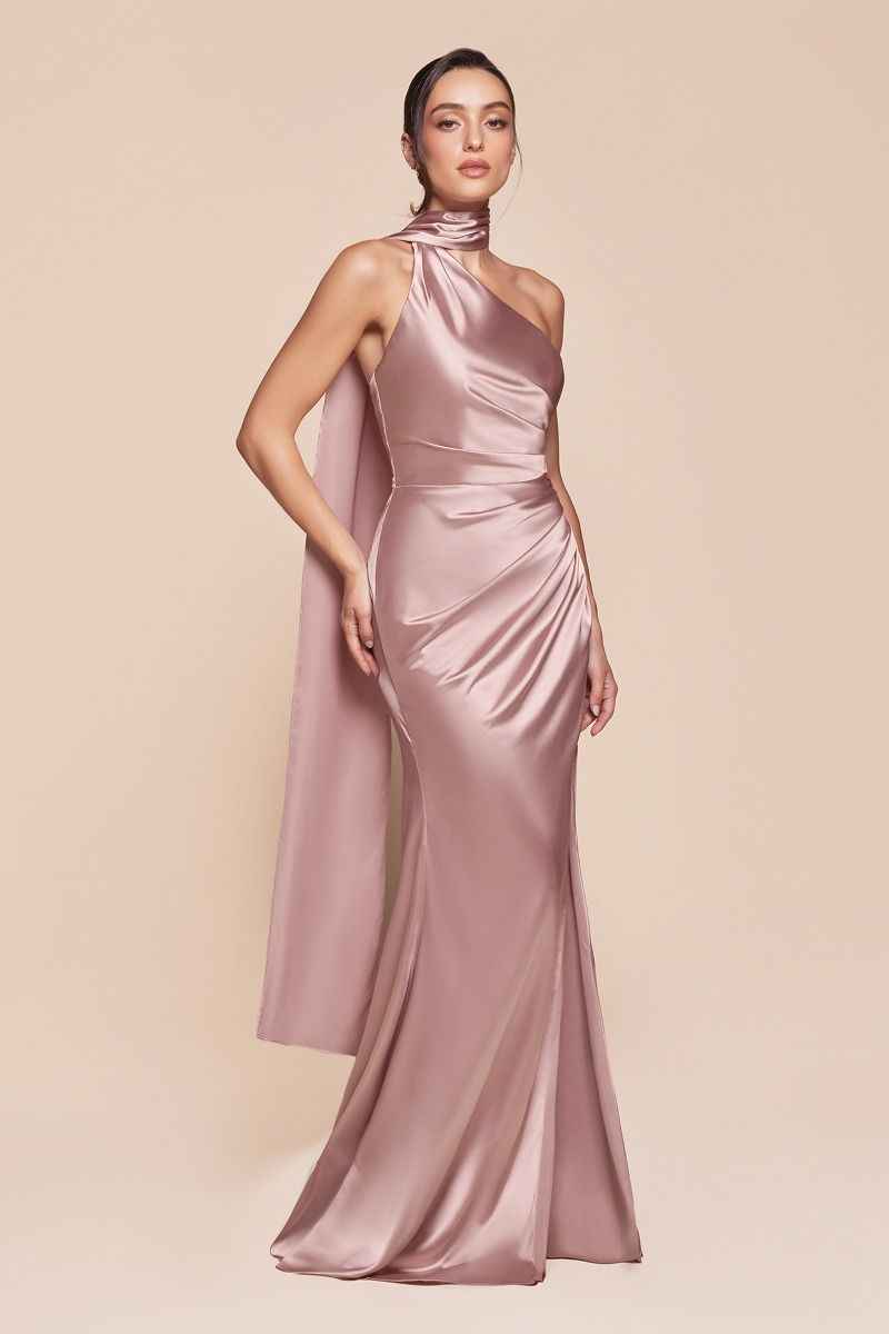 One shoulder neckline, gathered waistline & leg slit