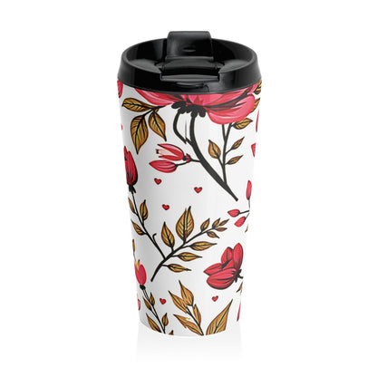 Red Rose Floral Pattern Travel Mug | Stainless Steel Tumbler - AURABAGS SHOP