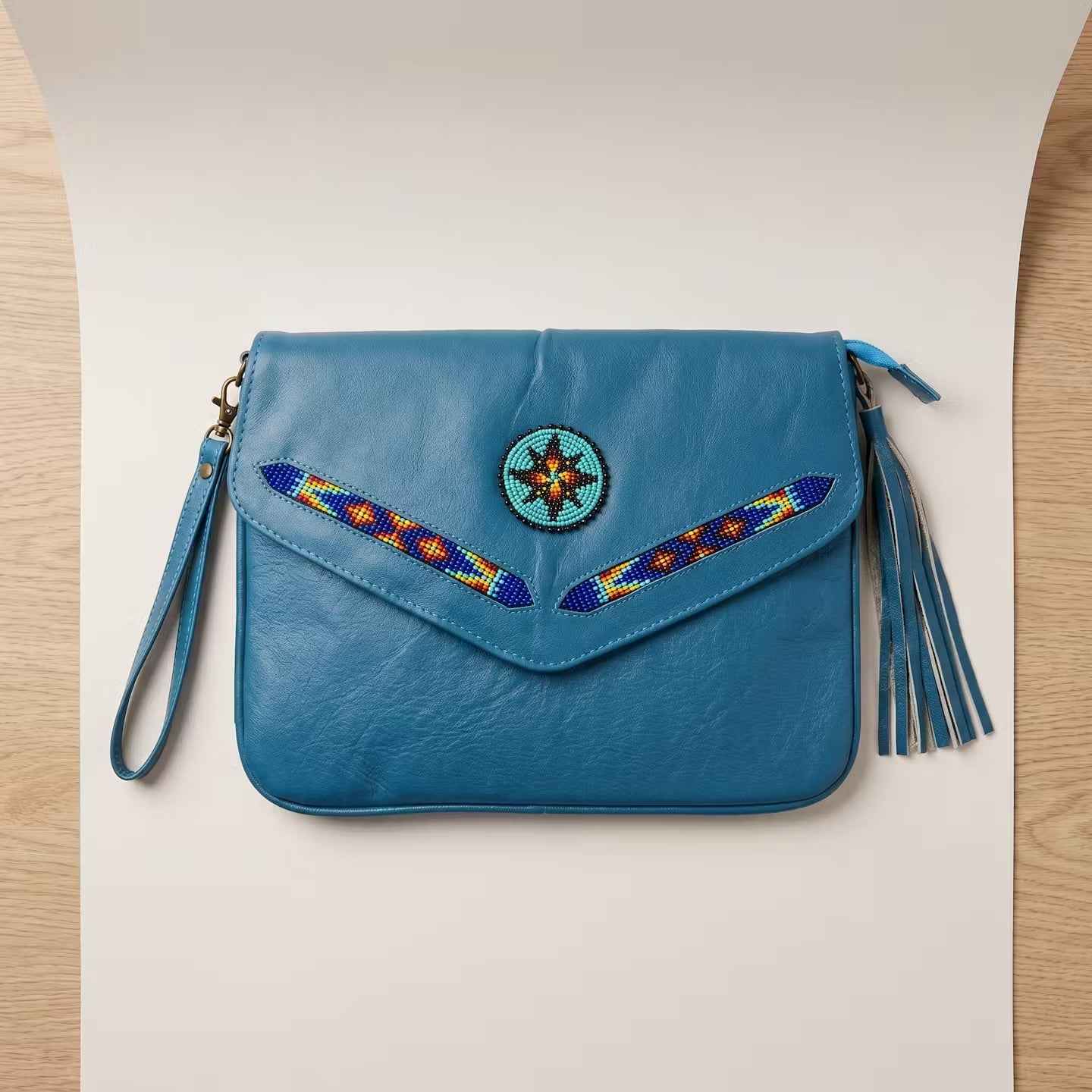 Leather beaded Crossbody bag(Turquoise )
