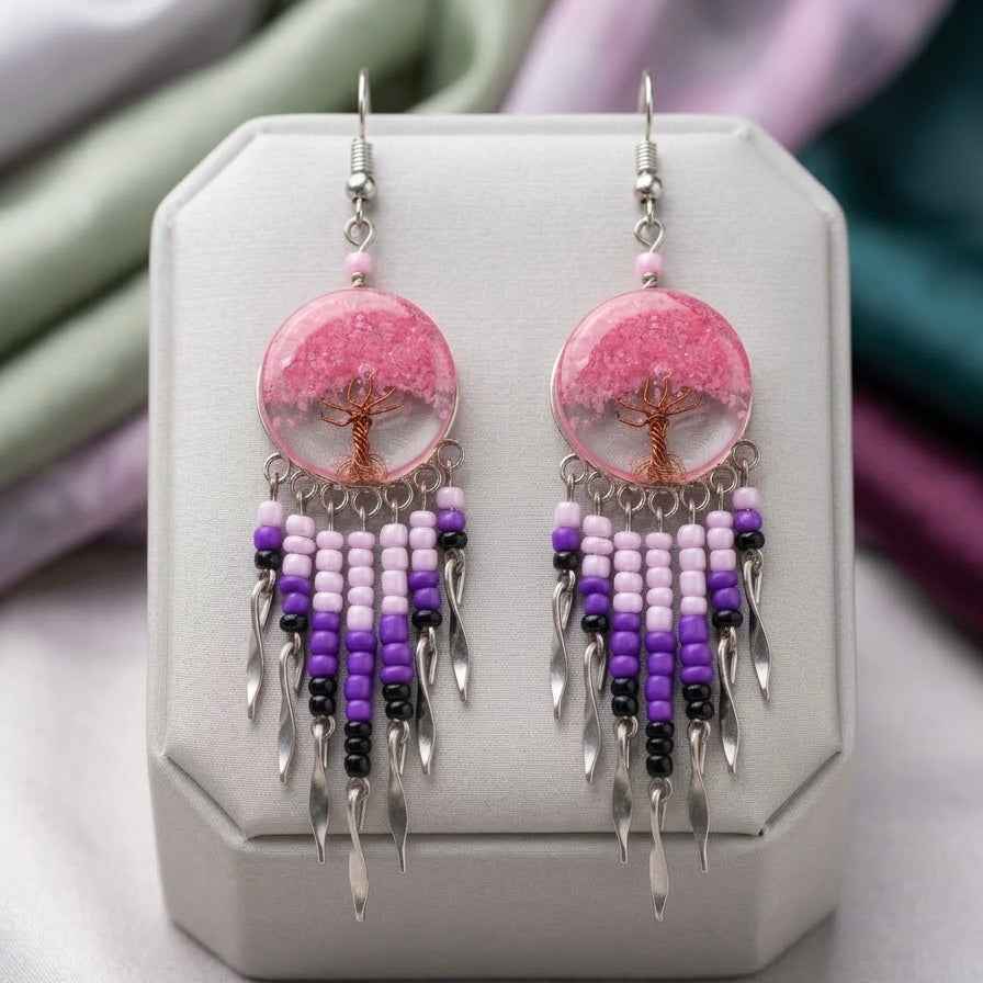 OLDTRIBES™ Tree of life Crushed Chip Stone Pink Earrings