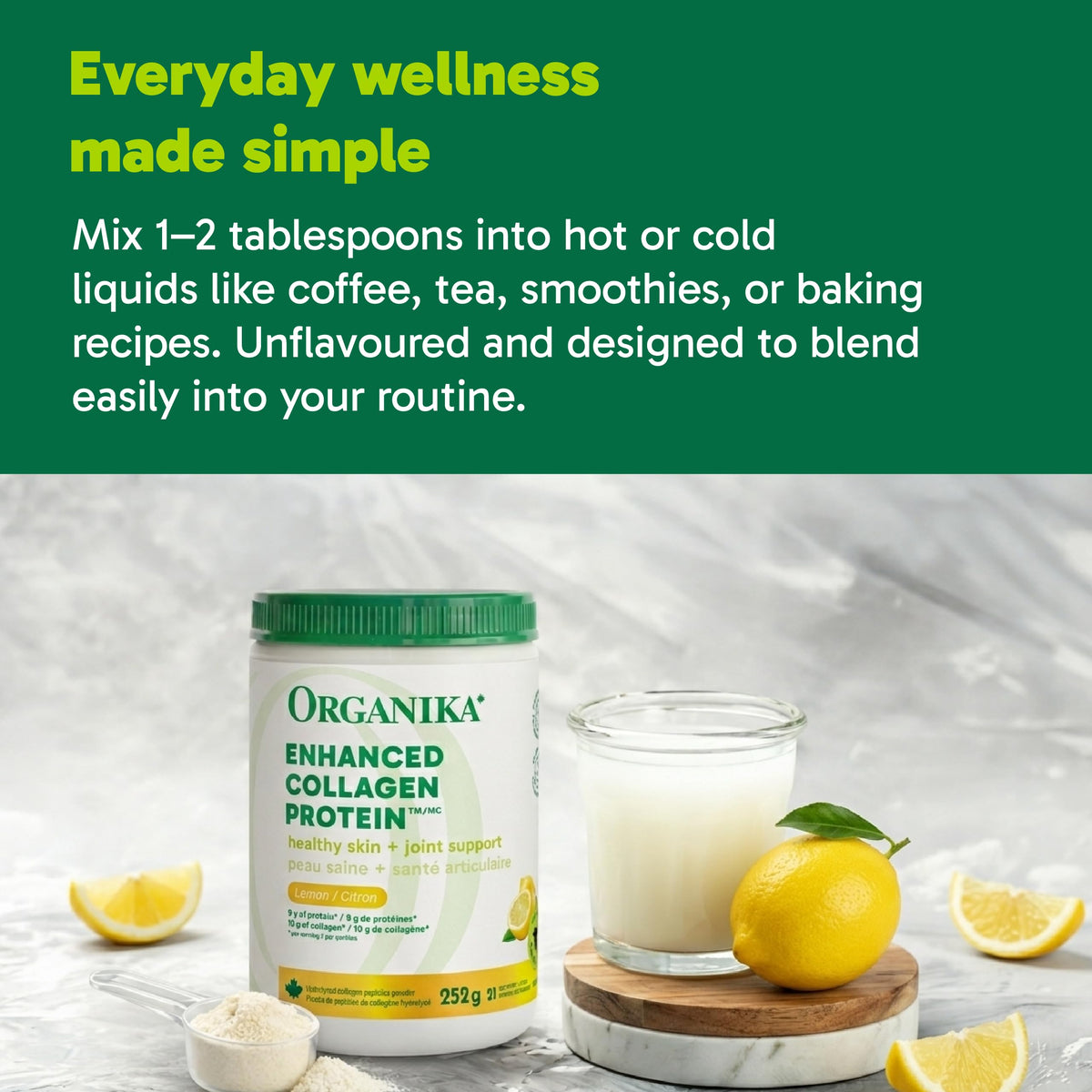 Organika Canadian-Made Enhanced Collagen Protein Powder- Lemon - For Healthy Hair, Skin, Nails, Joints - Hydrolyzed Peptides For Better Absorption – Grass-Fed, Non-GMO - 252g 🍁 All In One Marketplace Canada