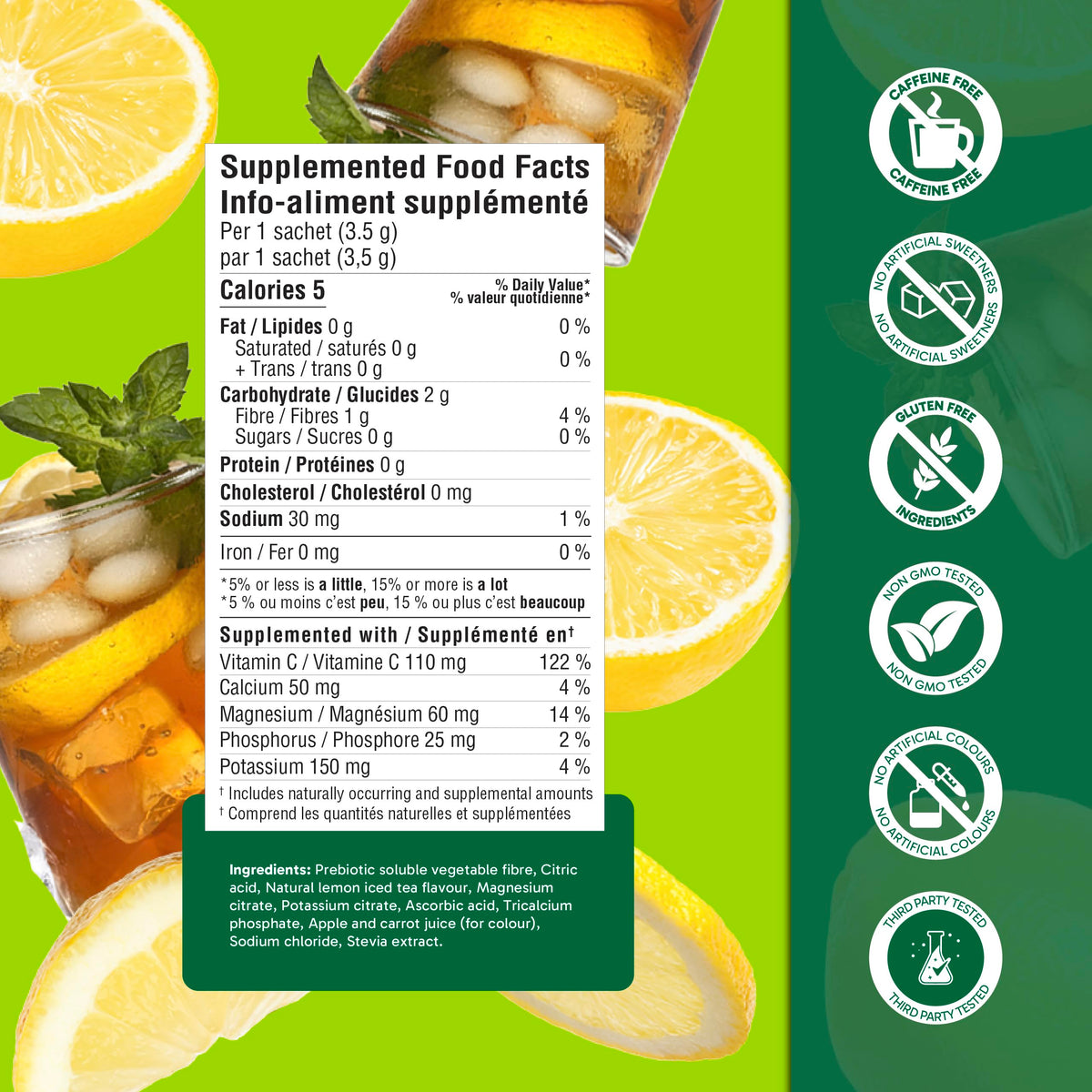 Organika Canadian-Made Electrolytes Powder with Vitamin C & Prebiotic Fibre - Sugar-Free Hydration Drink Mix - Lemon Iced Tea - 20 Single-Serve Sachets x 3.5g 🍁 All In One Marketplace Canada