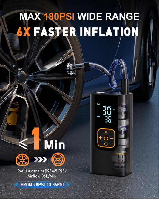 QKMPOM 180PSI Tire Inflator Portable Air Compressor, 6X Faster Air Pump for Car Tires with Digital Pressure Gauge, 12V DC Adapter, LED Light, Portable Tire Inflator for Car, Motorcycle, Bike, Balls 🍁 All In One Marketplace Canada