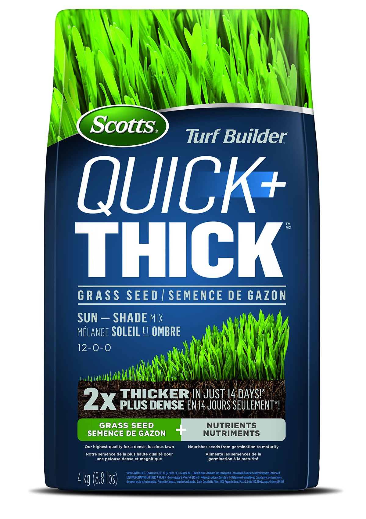 Scotts Turf Builder Quick + Thick Grass Seed (Sun and Shade Mix) - 4 kg |(576 sq Meters / 6,210 sq feet Coverage) Grow a Thick, Green Lawn Fast. for Areas that Experience Sun & Shade 🍁 All In One Marketplace Canada