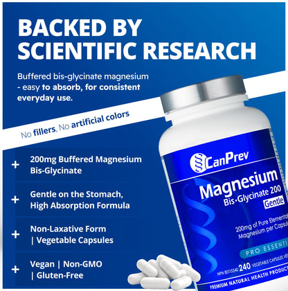 CanPrev Magnesium Bis-Glycinate 200mg Gentle, 240 Veg Caps, Well-Absorbed Complex for Daily Calm & Restful Sleep, Muscle Function, 240 Day Supply 🍁 All In One Marketplace Canada