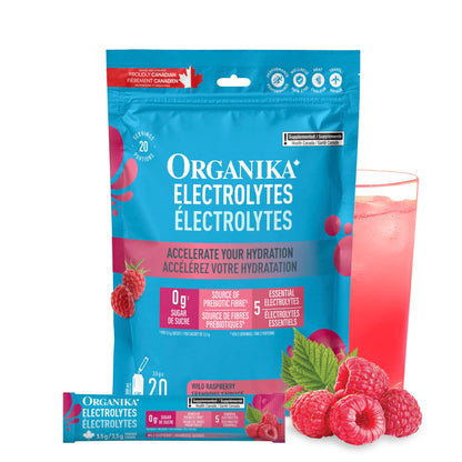 Organika Canadian-Made Electrolytes Powder with Vitamin C & Prebiotic Fibre - Sugar-Free Hydration Drink Mix - Wild Raspberry - 20 Single-Serve Sachets x 3.5g 🍁 All In One Marketplace Canada