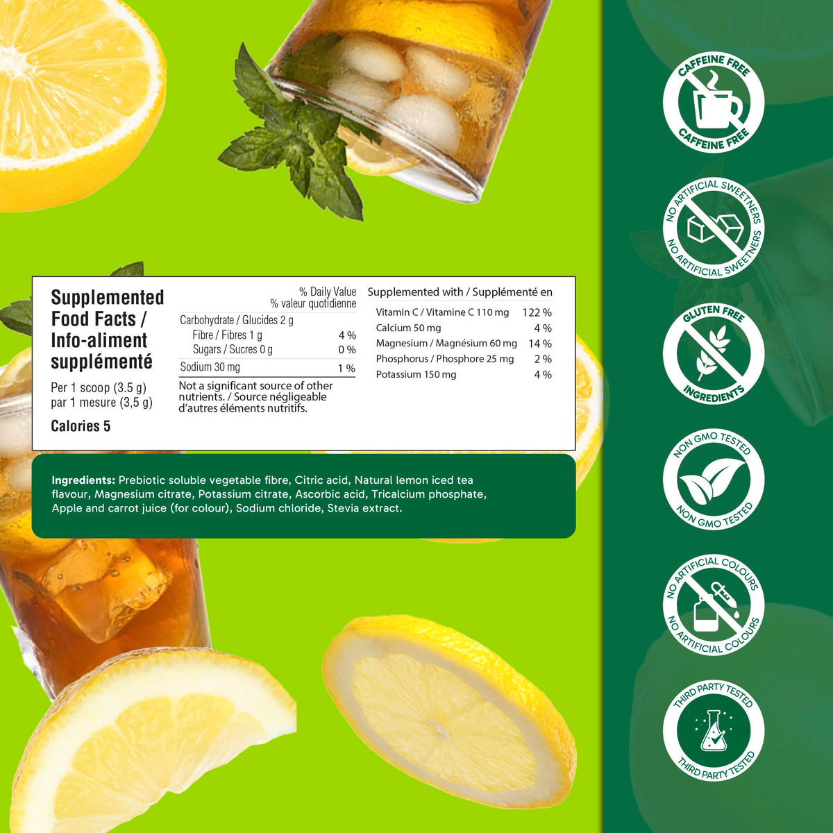 Organika Canadian-Made Electrolytes Powder with Vitamin C & Prebiotic Fibre - Sugar-Free Hydration Drink Mix - Lemon Iced Tea - 210 g - 60 servings 🍁 All In One Marketplace Canada