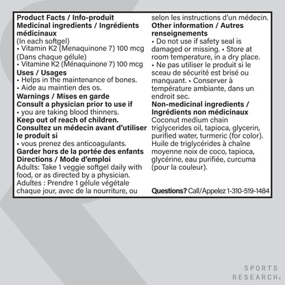 Sports Research® Vitamin K2 MK-7 100mcg with Coconut MCT Oil, 60 Vegan Softgels (2 Month Supply), Vegan Certified, Non-GMO Verified, Gluten & Soy Free Supplement 🍁 All In One Marketplace Canada