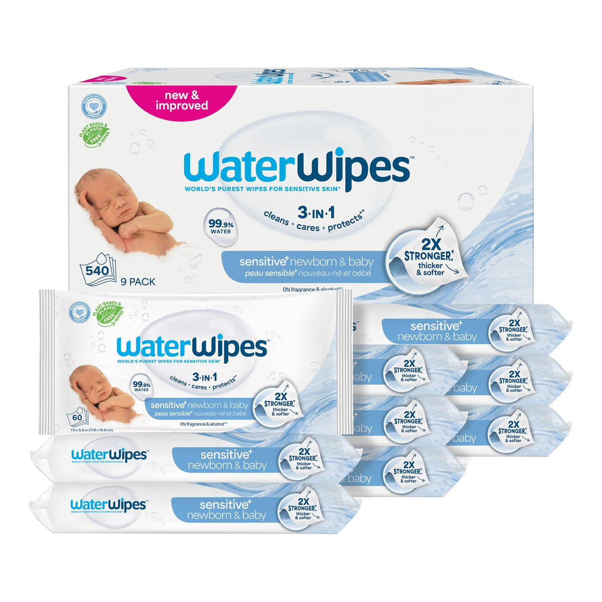 WaterWipes Sensitive+ Newborn & Baby Wipes, 3-In-1 Cleans, Cares, Protects, 99.9% Water, Unscented & Hypoallergenic, 540 Count (9 Packs) 🍁 All In One Marketplace Canada