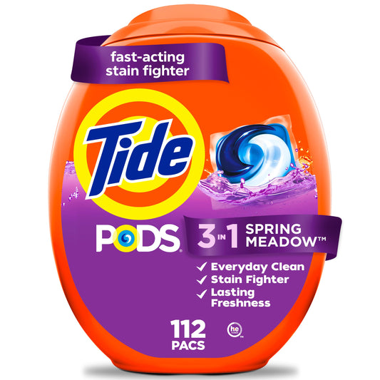 Tide PODS laundry detergent pacs, 3-in-1 Stain Remover, Odor Fighter, Color Protector, HE compatible, Spring Meadow Scent, 112 Count 🍁 All In One Marketplace Canada