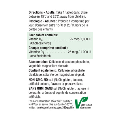 Jamieson Vitamin D3 1,000 IU Tablets, Supports Immune Health, Strong Bones, and Teeth, Enhances Calcium and Phosphorus Absorption. Vegetarian, Non-GMO, Gluten-Free, One Per Day, 500 Count, Proudly Canadian 🍁 All In One Marketplace Canada
