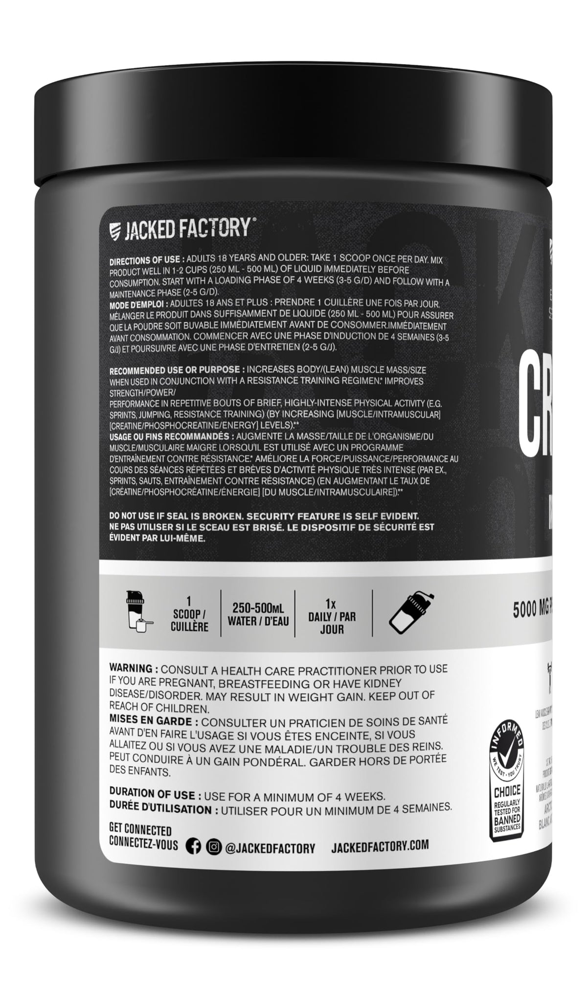 Jacked Factory Creatine Monohydrate Powder - Canadian-Owned Informed Choice Certified Supplement for Increased Muscle Mass*, Improved Strength, Power, & Performance** - 85 Servings, Arctic White 🍁 All In One Marketplace Canada