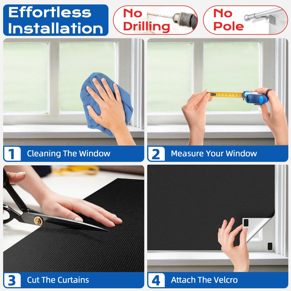Blackout Curtains for Bedroom, 39" x 58" Portable Blackout Blinds with 20 Sets Hooks & Loops Strips for 100% Blackout Window Film, Temporary Blackout Shades for Windows Cover Nursery Travel RV- Black 🍁 All In One Marketplace Canada