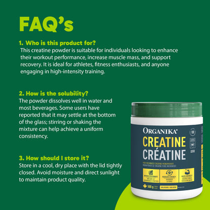 Organika Canadian-Made Creatine Powder- Pure Micronized Creatine Monohydrate - Helps Build Lean Muscle, Increase Strength, and Improved Recovery and Performance for Men and Women - 500g, 100 servings 🍁 All In One Marketplace Canada
