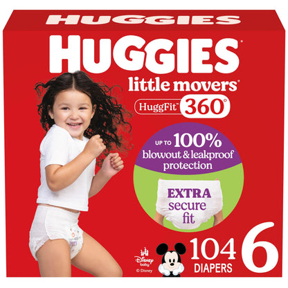 Huggies Size 6 Baby Diapers, Little Movers HuggFit 360° Baby Diapers with 360° Waistband, Size 6 (35+ lbs), 104 Count, Packaging May Vary 🍁 All In One Marketplace Canada