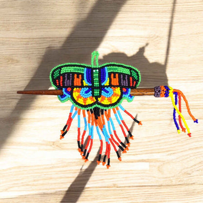 Red and Green Wooden Stick Butterfly Beaded Barrette with Fringes