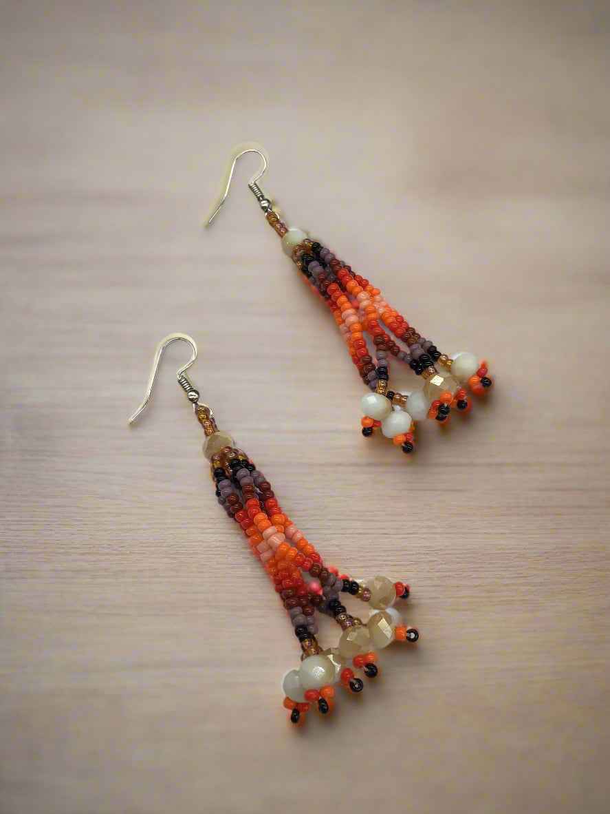 Moss Brown Six-Strand Beaded Cascade Earrings