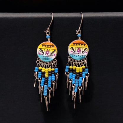 Yellow and Turquoise Southwestern Round Shaped Dangle Earrings