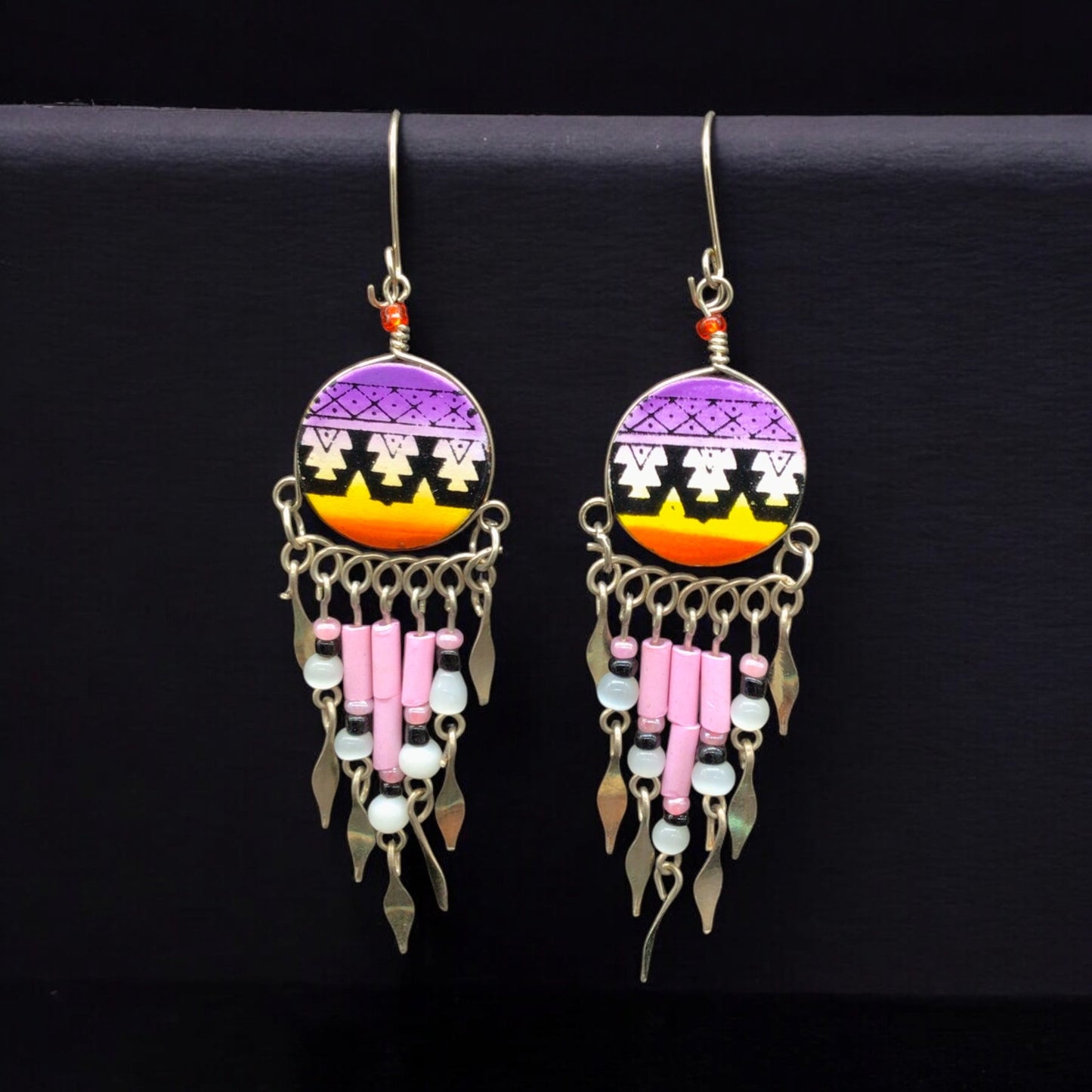 Purple and Yellow Southwestern Round Shaped Dangle Earrings