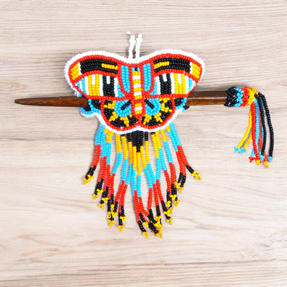 Red and Yellow Wooden Stick Butterfly Beaded Barrette with Fringes