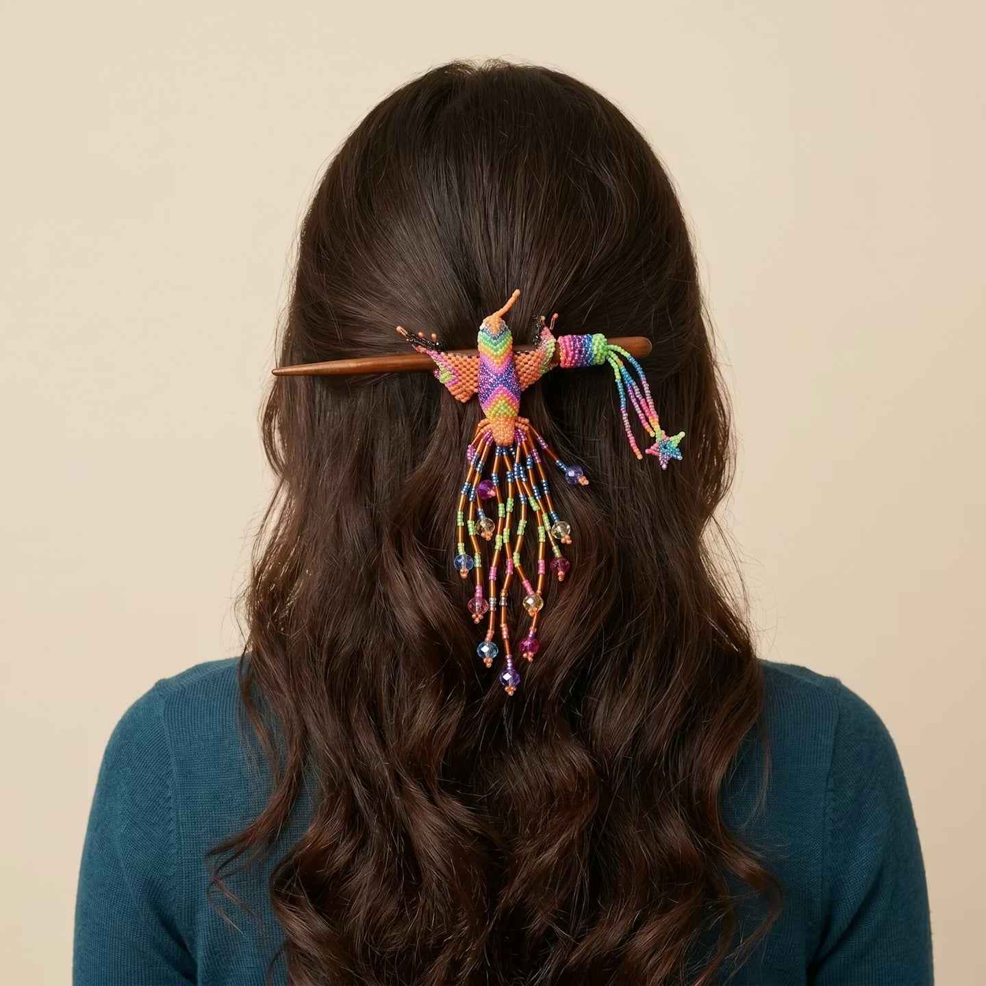 Orange Hummingbird Beaded Hair Stick