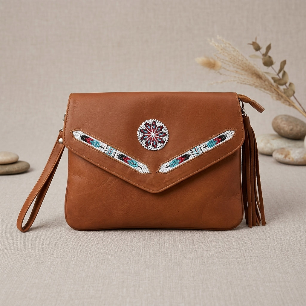 Leather beaded Crossbody bag(Brown)