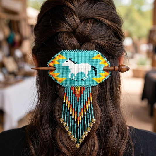 Fringed Beaded Barrette & Wooden Stick Horses